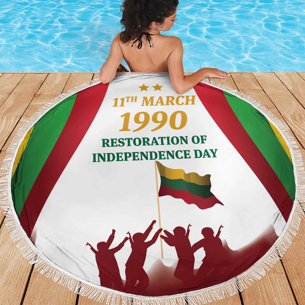Round white beach blanket with Lithuania flag stripes, “11th March 1990” and fringe