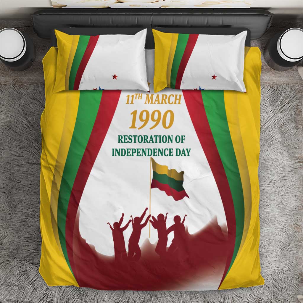 Lithuania Independence Day bedding set viewed from above, featuring yellow border and 11th March 1990 text
