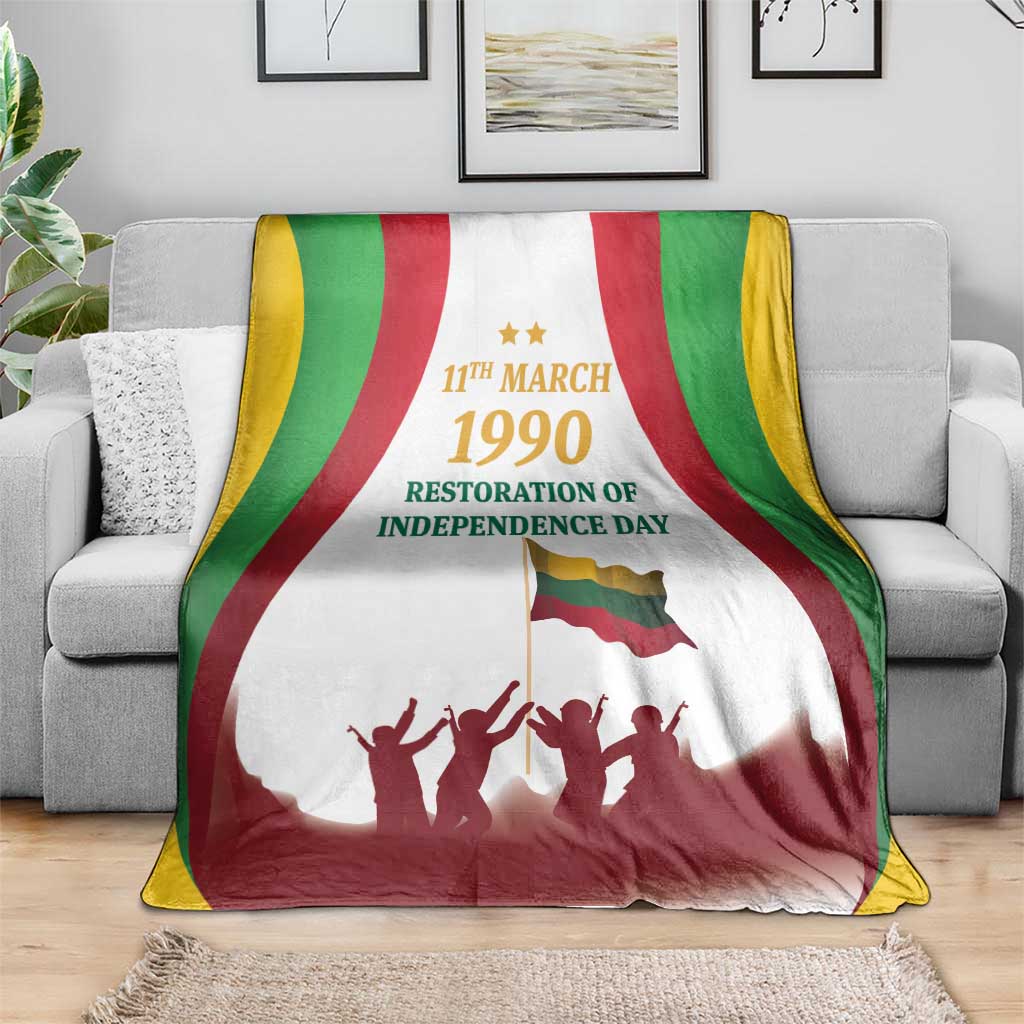 Lithuania restoration blanket with red-green-yellow stripes, 1990 text, flag and crowd silhouettes