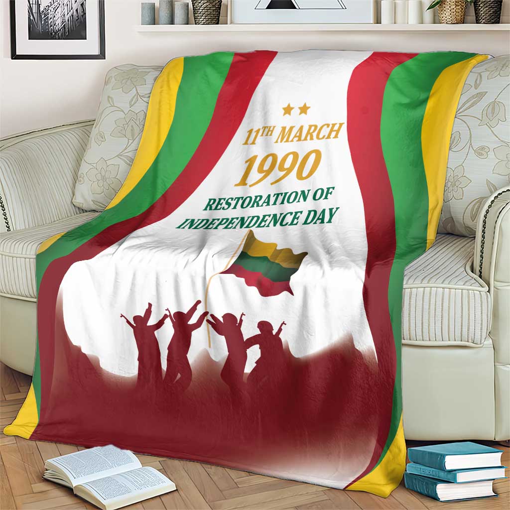 Lithuania restoration blanket with 1990 lettering, flag, and crowd silhouettes under stripes