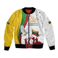 Multicolor unisex bomber jacket with front zipper and illustrated Independence Day graphic