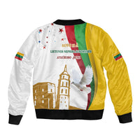 White and gold bomber jacket with back illustration of doves, buildings, and flags