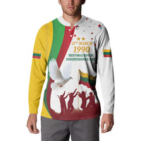 Independence day graphic button sweatshirt, front view with dove, crowd silhouettes, and stars