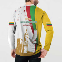 Independence day graphic button sweatshirt, back view with church icons and tricolor panels
