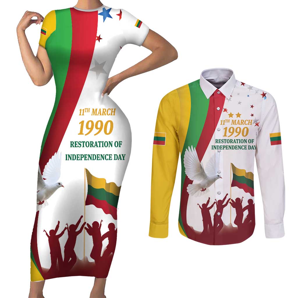 Lithuania Restoration of Independence Day Couples Matching Short Sleeve Bodycon Dress and Long Sleeve Button Shirt 11th March 1990