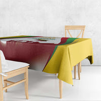 Independence Day tablecloth draped on bench with burgundy print center and yellow border