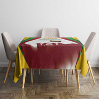 Independence Day tablecloth on dining table with burgundy center and yellow sides