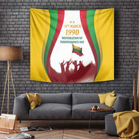 Lithuania independence day wall tapestry with waving stripes, crowd silhouettes, and flag