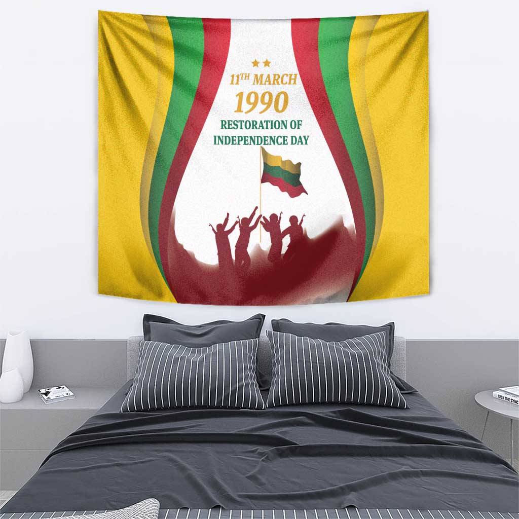 Lithuania independence day tapestry with crowd silhouette, stripes, and Lithuania flag
