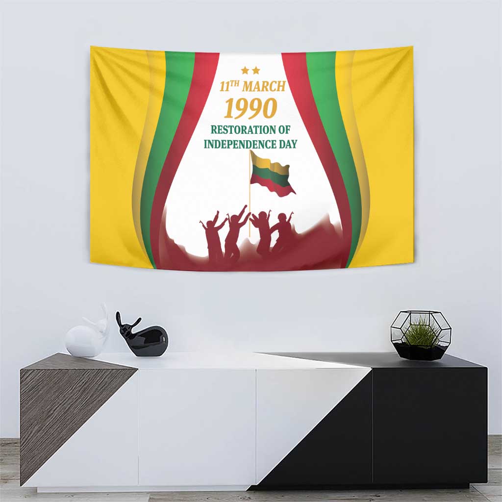 Lithuania independence day tapestry hanging on wall with crowd silhouette and flag