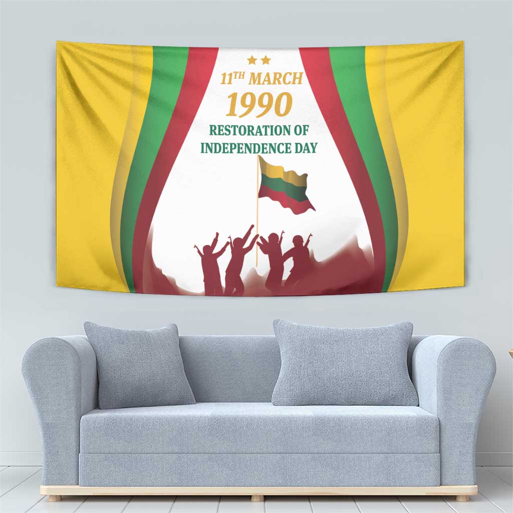 Lithuania independence day tapestry with central flag, crowd silhouette, and ribbon stripes