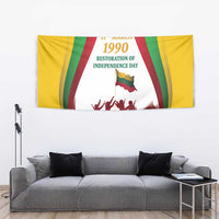 Lithuania independence day tapestry with crowd silhouettes, flag emblem, and curved stripes