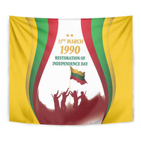 Lithuania independence day tapestry featuring date text, waving stripes, crowd, and flag