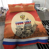 Personalized red duvet cover with two matching pillows, Russia city artwork and blue stripes
