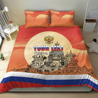 Personalized red bedding set with duvet and two pillows, crest and city print with blue stripe