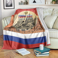Personalized Russia Day blanket, red/white/blue stripes with circular crest and cityscape
