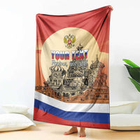 Personalized Russia Day blanket with Your Text banner, crest, city skyline, and flag colors