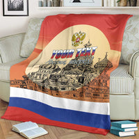 Personalized Russia Day blanket on couch, red circle emblem with “YOUR TEXT” over cityscape