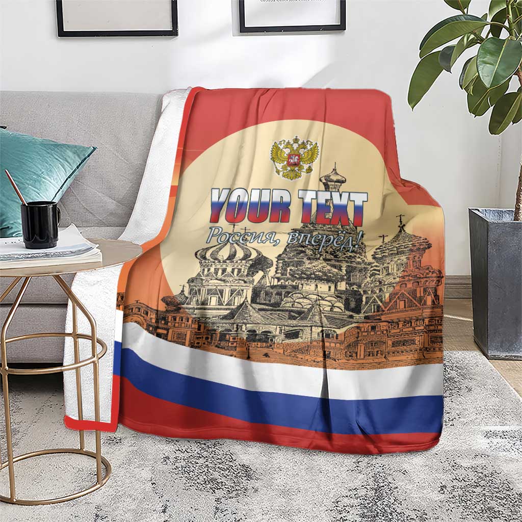 Personalized Russia Day blanket laid on sofa, Your Text crest and city scene in flag colors