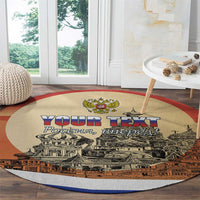 Round carpet with red border and beige center featuring city graphic and crest
