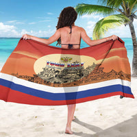 Red personalized sarong spread wide, 'YOUR TEXT' and Russian city skyline print