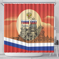 Red shower curtain with 'YOUR TEXT' over city skyline, tricolor stripe band, hanging loops