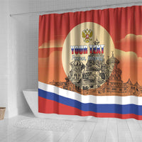 Red shower curtain with city skyline in white circle, 'YOUR TEXT' text, and tricolor stripe