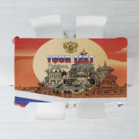 Personalized Russia Day tablecloth in red with blue stripes and cityscape graphic