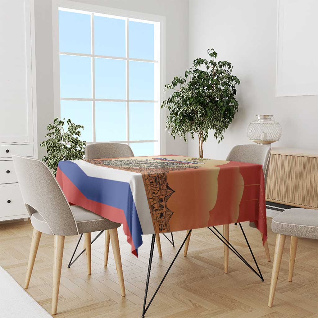Personalized Russia Day tablecloth in red, with blue stripe and printed cityscape