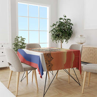 Personalized Russia Day tablecloth in red, with blue stripe and printed cityscape