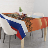 Rectangular personalized Russia Day tablecloth, red and blue stripes with cityscape print