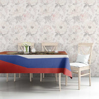 Personalized Russia Day tablecloth in red and blue stripes with cityscape print on dining table