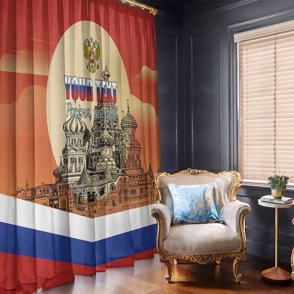 Red window curtain panel with Moscow skyline and personalized “Your Text” print