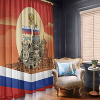 Red window curtain panel with Moscow skyline and personalized “Your Text” print
