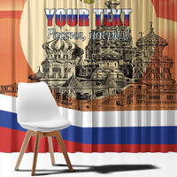 Red window curtain close-up with Moscow skyline and personalized “Your Text” text