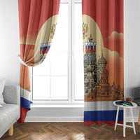 Red window curtain on a window with Moscow skyline print and personalized “Your Text”