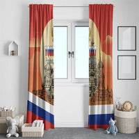 Red window curtain pair with Moscow skyline and personalized “Your Text” print
