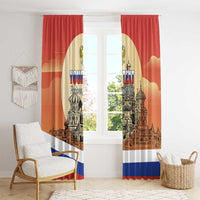 Red window curtain panels framing windows with Moscow skyline and “Your Text” print