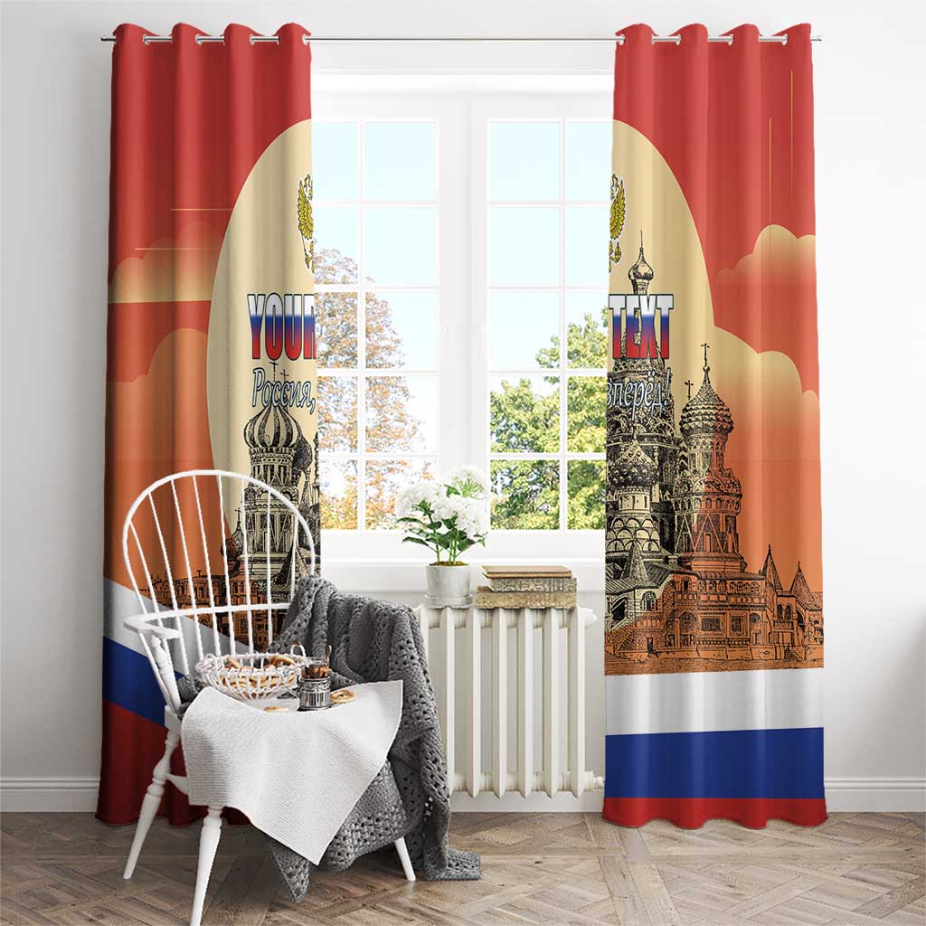 Red window curtain with grommet-style top and Moscow skyline personalized “Your Text”