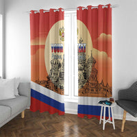 Red window curtain pair with Moscow skyline print and personalized “Your Text” centered
