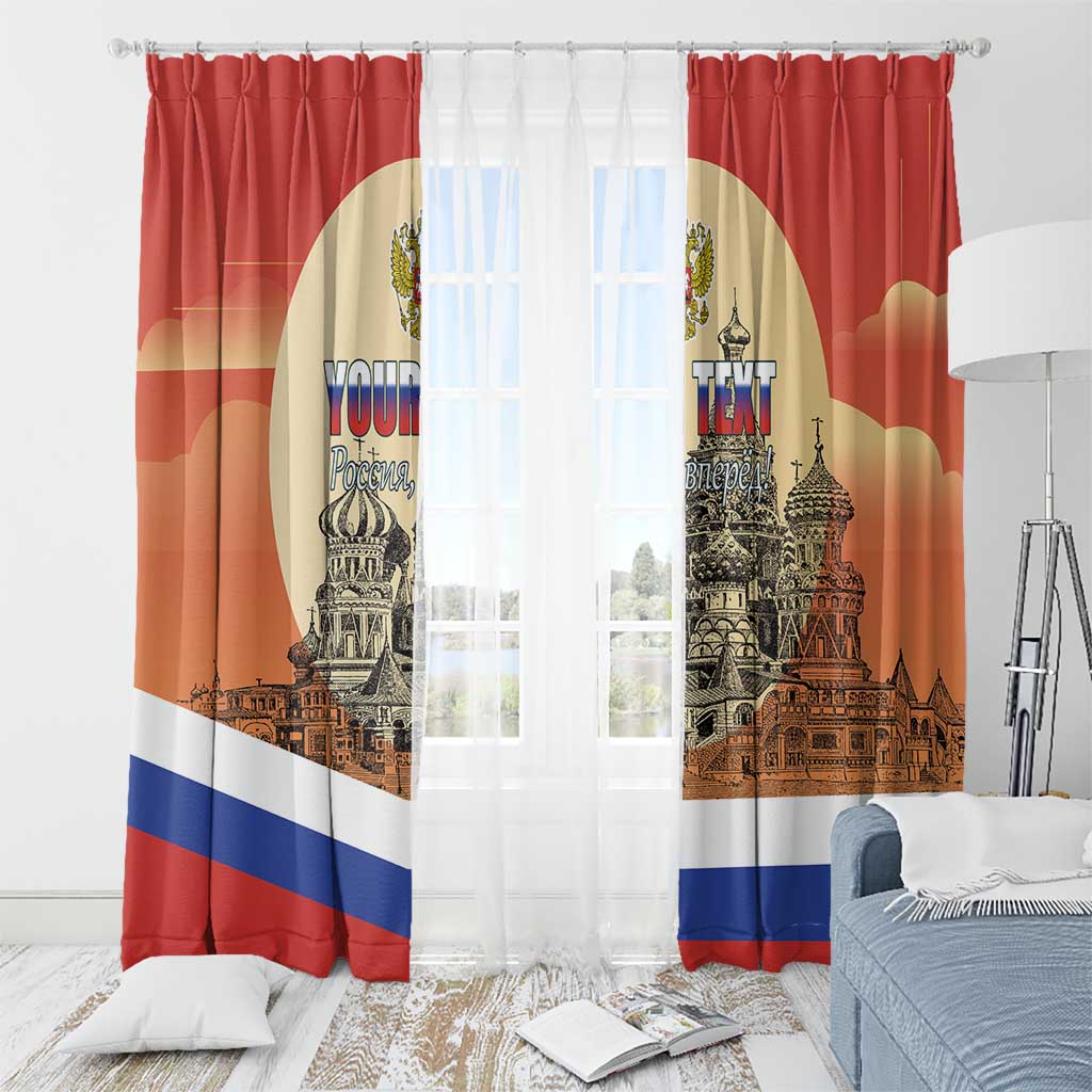 Red window curtain with ring top and Moscow skyline print, personalized “Your Text”