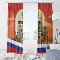Red window curtain with ring top and Moscow skyline print, personalized “Your Text”