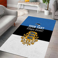 Rectangular Estonia flag style area rug with centered crest, blue top band and custom text