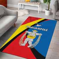 Rectangular area rug featuring blue center, red border, and yellow striped diagonal band