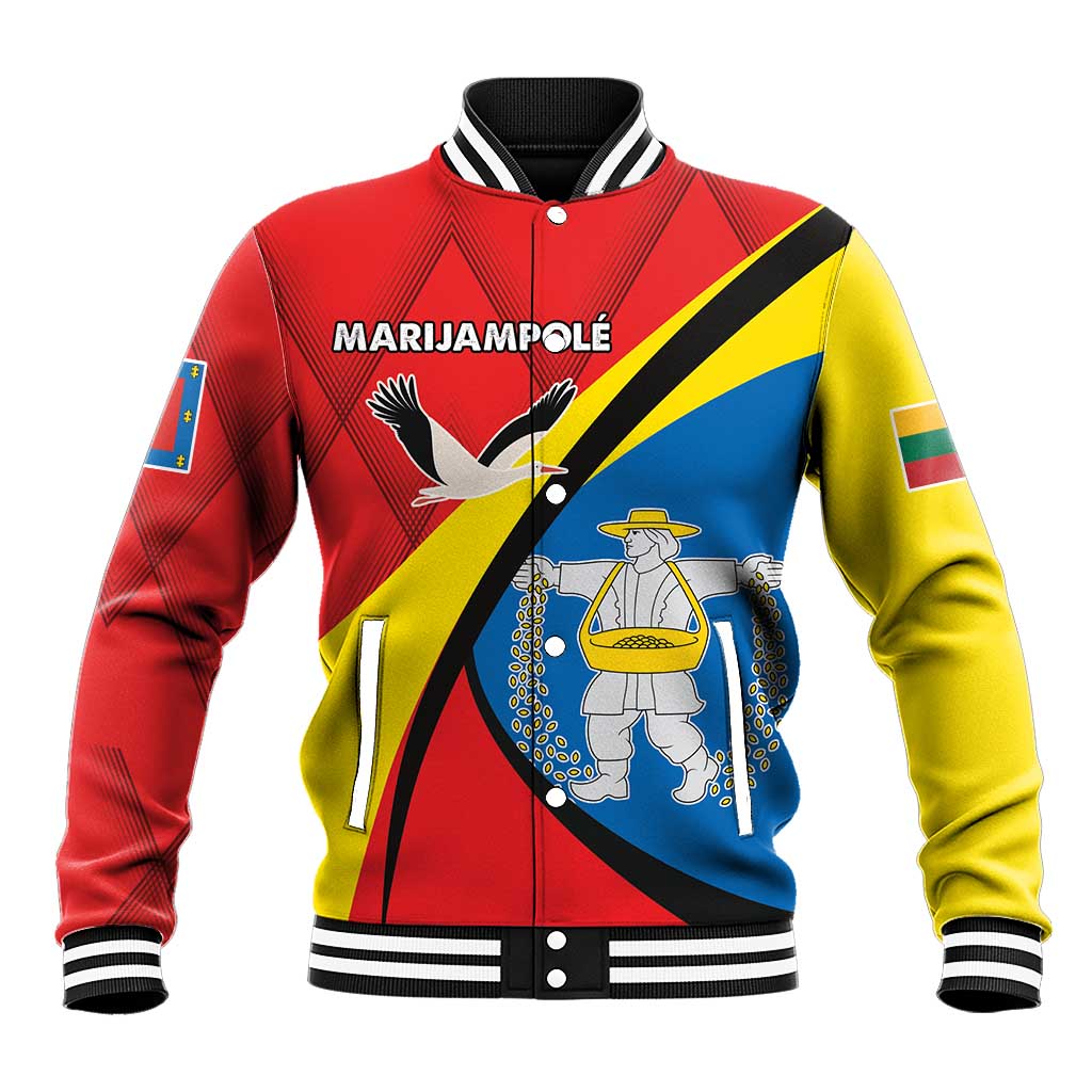 Unisex multicolor baseball jacket, red/yellow/blue panels, striped rib collar, snap front