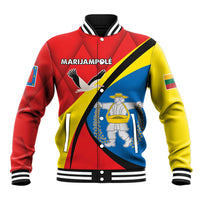Unisex multicolor baseball jacket, red/yellow/blue panels, striped rib collar, snap front