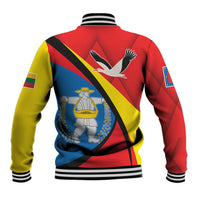 Unisex multicolor baseball jacket, back dove graphic with diagonal stripes and snap front