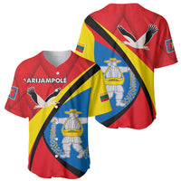Red baseball jersey with yellow and blue diagonal panels, ARIJAMPOLE logo, bird and person artwork