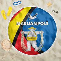 Round beach blanket with Marijampolė graphic, multicolor stripes, and fringe