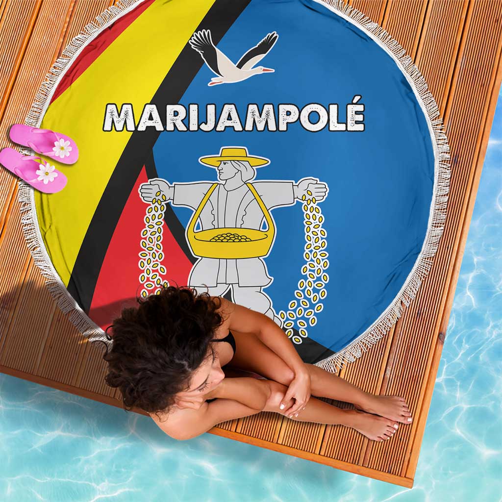 Round beach blanket with Marijampolė graphic, fringe trim, and colorful print